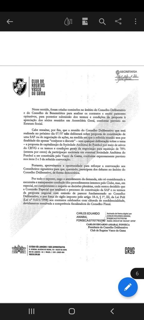 Resposta de Carlos Fonseca ao pedido dos conselheiros sobre o contrato