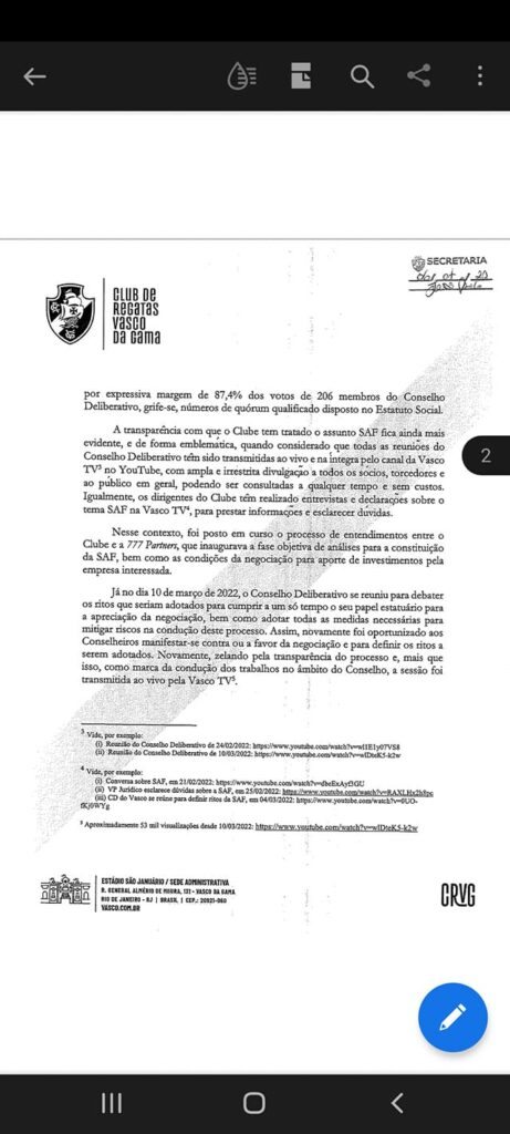 Resposta de Carlos Fonseca ao pedido dos conselheiros sobre o contrato