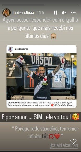 Esposa de Alex Teixeira comemora retorno ao Vasco