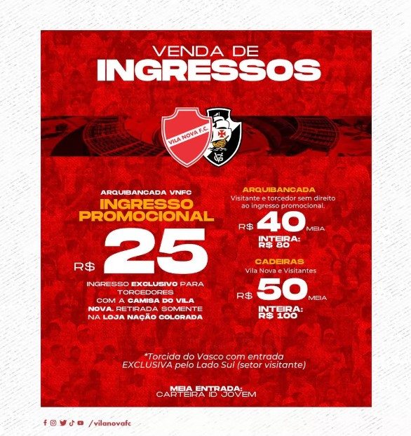 Informações sobre ingressos para Vila Nova x Vasco