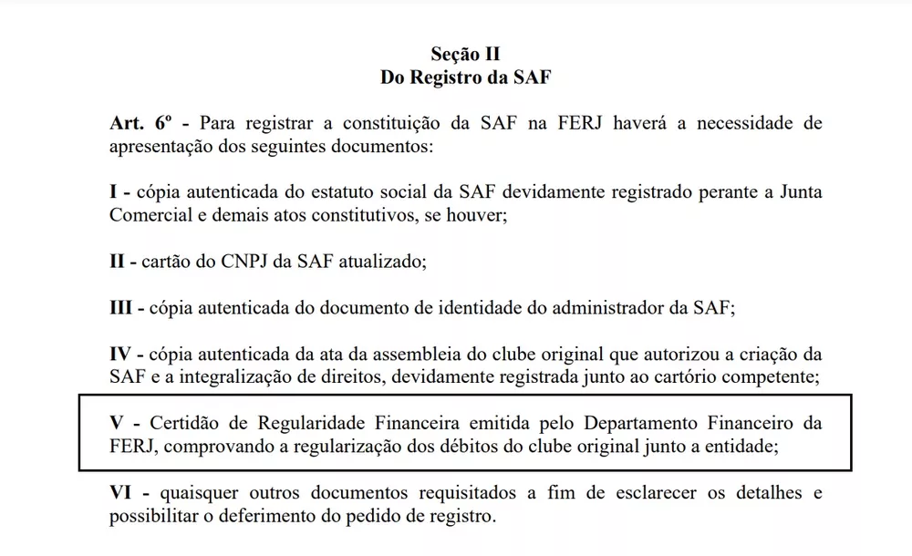 Regulamento da Ferj sobre registro da SAF 