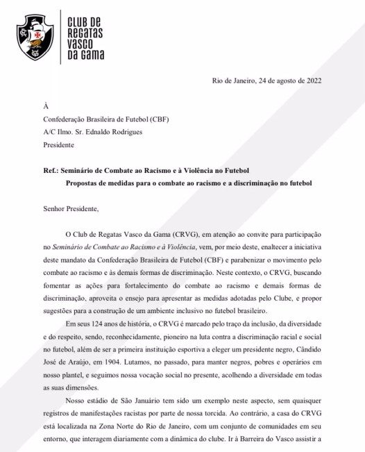 Carta enviada pelo Vasco à CBF com medidas antirracismo 