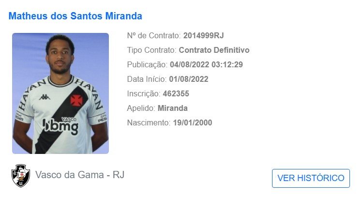 Miranda aparece no BID da CBF como jogador do Vasco
