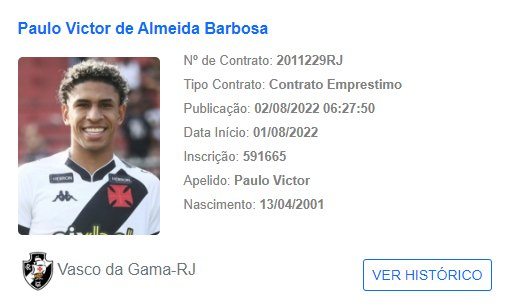 Paulo Victor apareceu no BID da CBF como reforço do Vasco