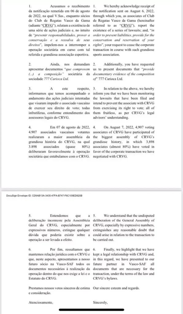 Resposta da 777 à notificação de sócios do Vasco