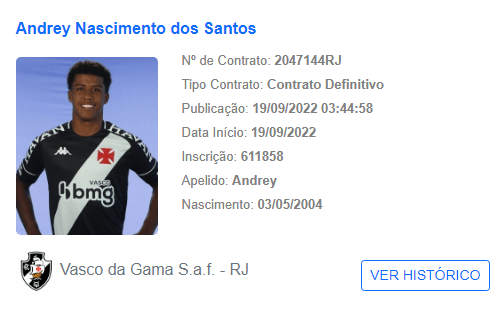 Publicação do novo contrato de Andrey Santos com o Vasco da Gama