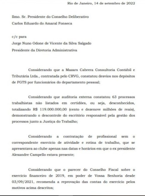 Ofício de conselheiros do Vasco cobrando explicações.