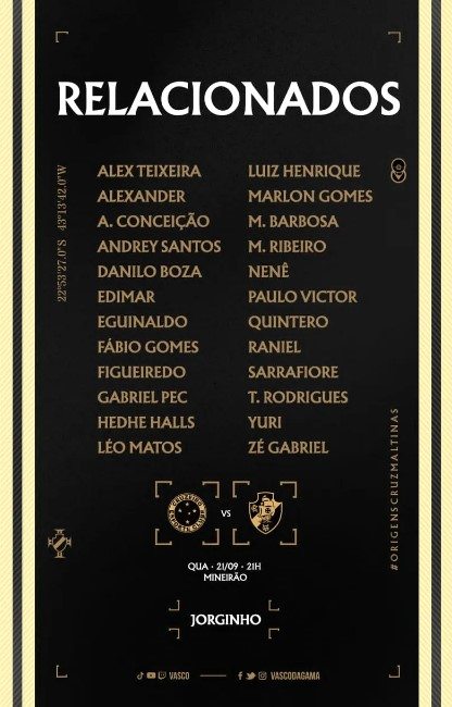 Relacionados do Vasco para o jogo contra o Cruzeiro