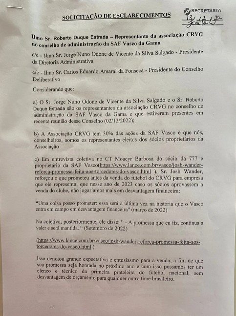 Documento protocolado por conselheiros do Vasco