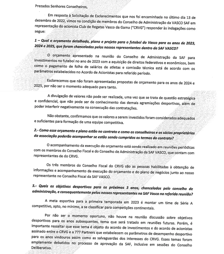 Respostas de Duque Estrada após cobranças de conselheiros