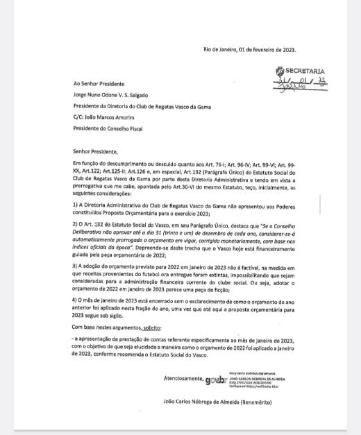 Benemérito solicita prestação de contas de janeiro de 2023 do Vasco