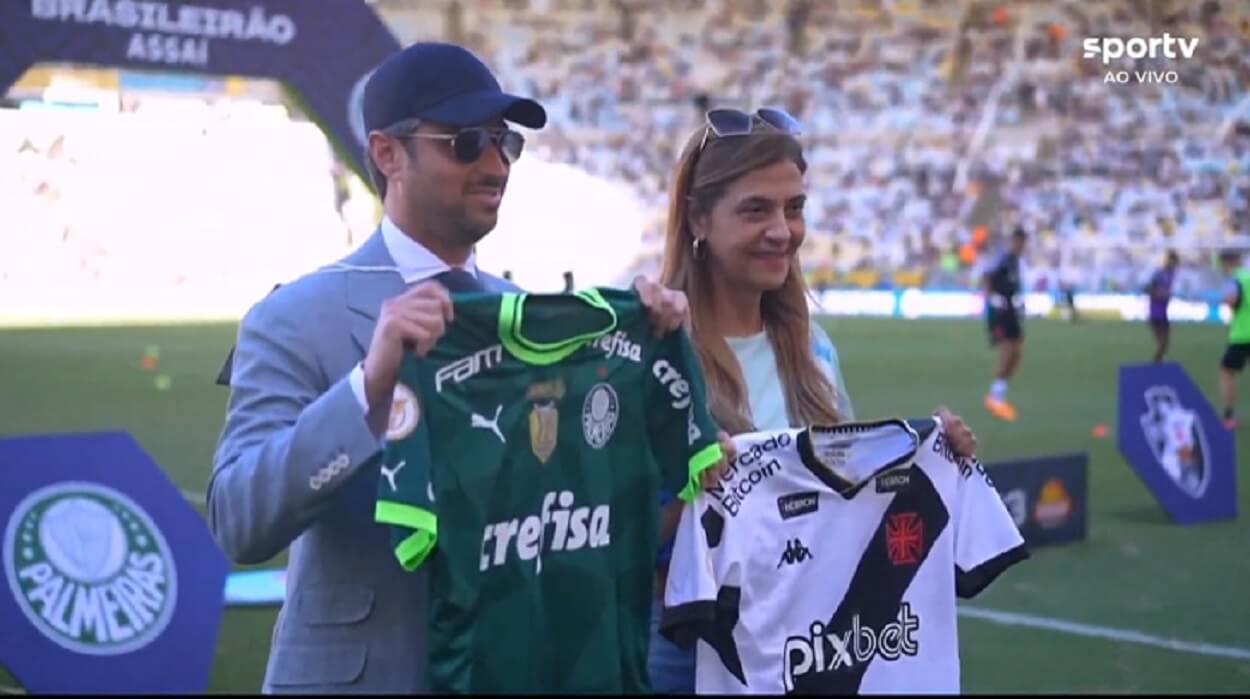 Josh Wander e Leila Pereira antes de Vasco x Palmeiras