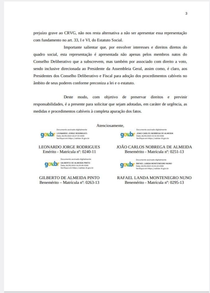 Documento aos poderes do Vasco foi assinado por membros do Fuzarca