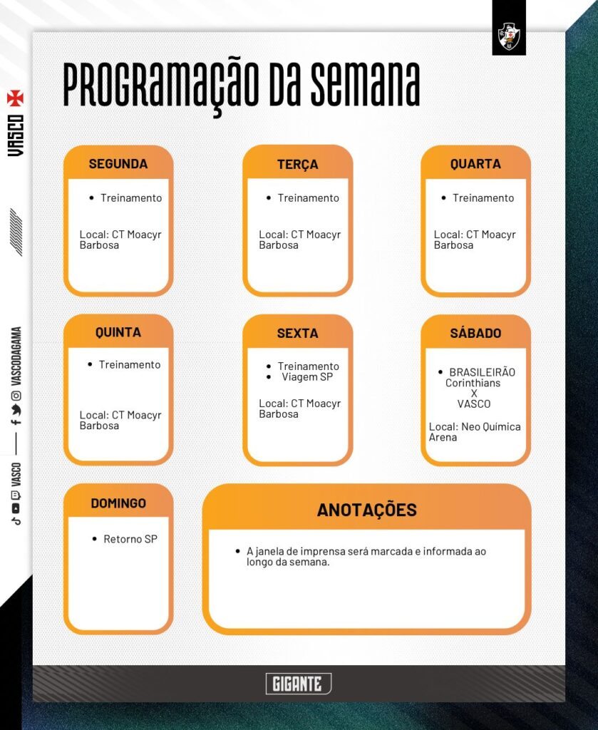 Programação da semana do Vasco