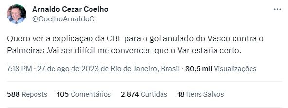 Arnaldo Cezar Coelho questionou a anulação do gol