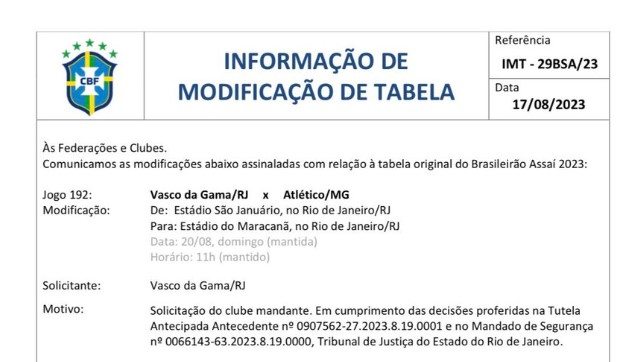 CBF confirma Vasco x Atlético-MG no Maracanã