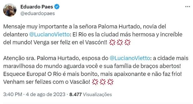 Eduardo Paes manda mensagem para a esposa de Luciano Vietto