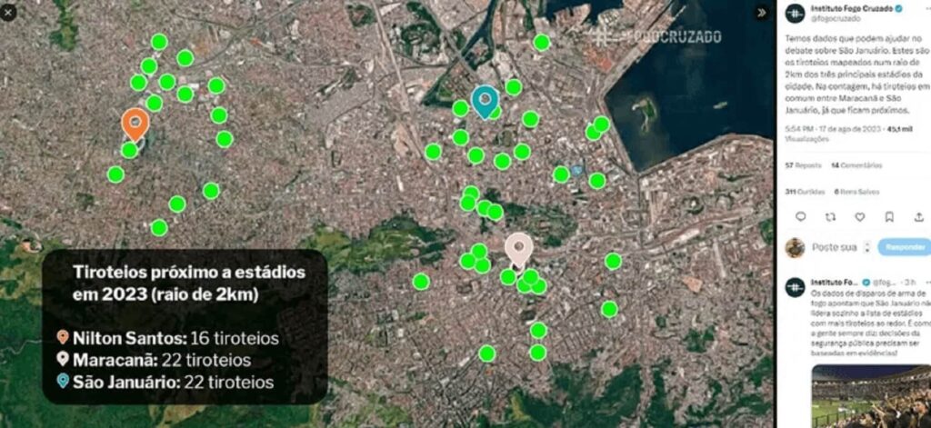 Mapa de tiroteios próximos a estádios no Rio em 2023