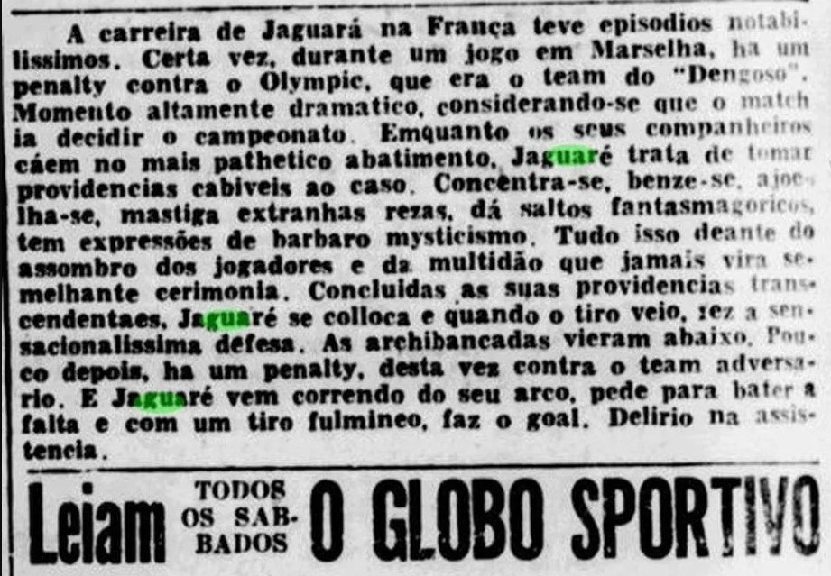 Nota de quando Jaguaré pegou pênalti e fez gol