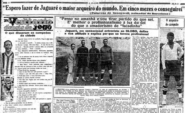 Jornal O Globo exalta o goleiro Jaguaré