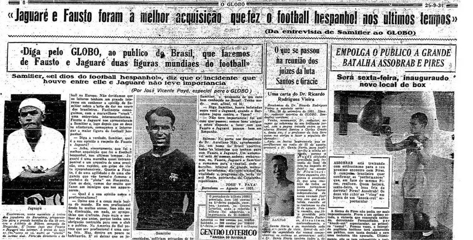 Jornal O Globo sobre Jaguaré e Fausto no Barcelona