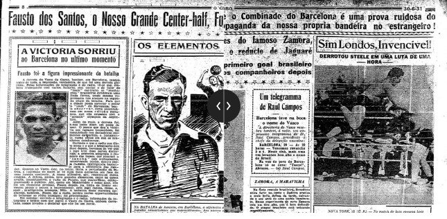 Manchete sobre a vitória e a derrota do Vasco para o Barcelona em 1932