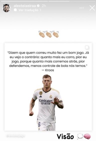 Alex Teixeira compartilha declaração de Toni Kroos sobre correr em campo