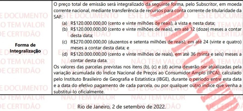 Datas iniciais previstas de pagamento da venda da SAF