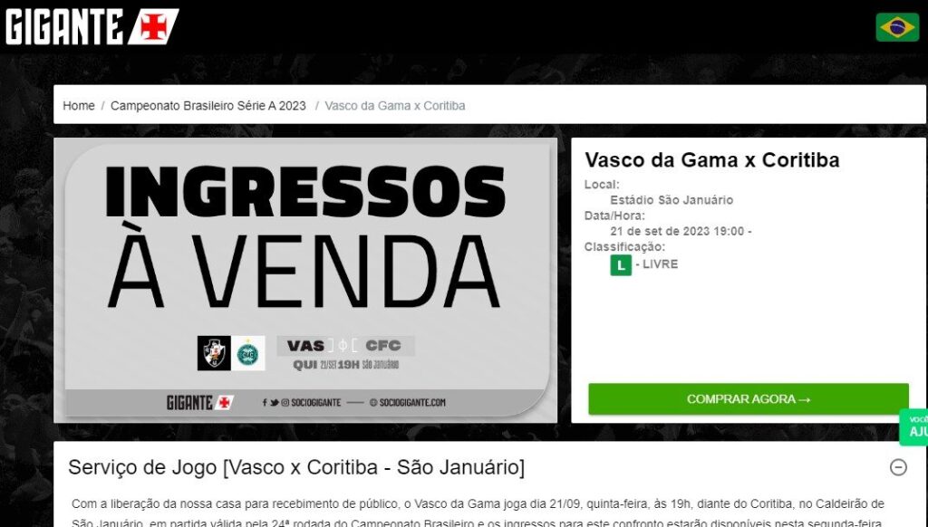 Vasco disponibiliza ingressos extras para o jogo contra o Coritiba