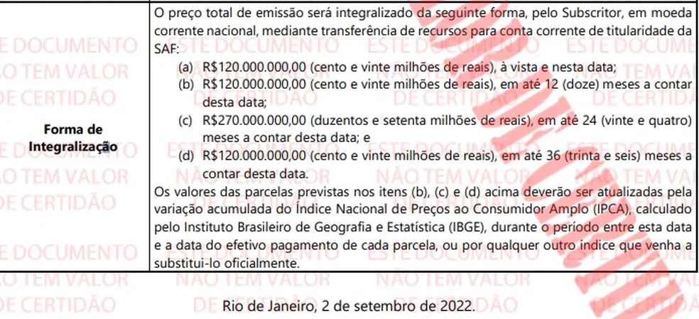 Datas previstas de pagamento de acordo com criação da SAF