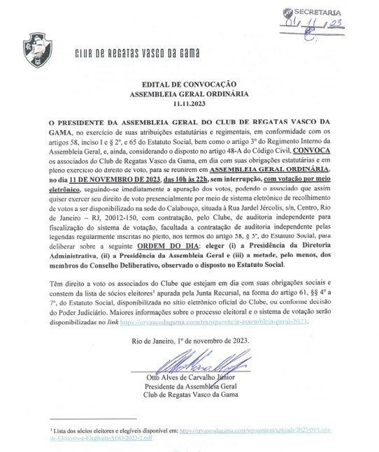 Eleição do Vasco será 11 de novembro