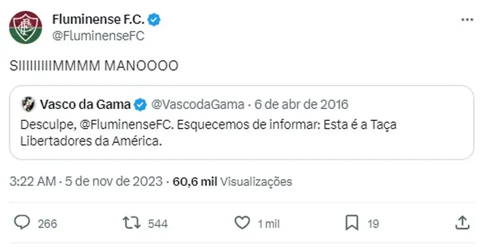 Fluminense ironiza Vasco após conquistar a Libertadores