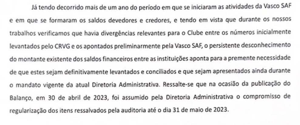 Parecer do Conselho Fiscal sobre as contas de 2022 do Vasco
