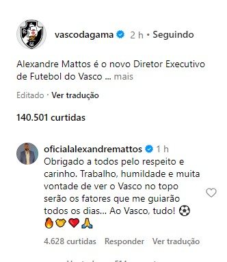 Alexandre Mattos agradece carinho da torcida do Vasco