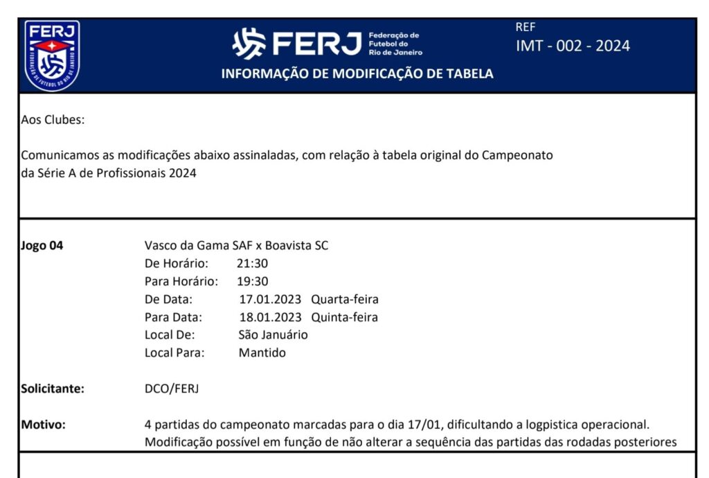 FERJ modifica data da estreia do Vasco no Carioca