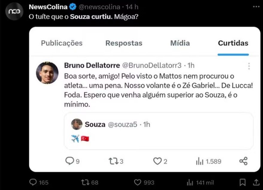 Souza curte post que aborda sua não contratação pelo Vasco