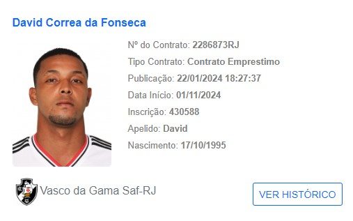 David é registrado pelo Vasco