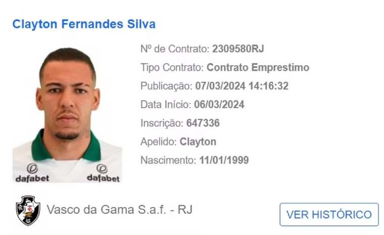 Clayton Silva foi registrado no BID da CBF pelo Vasco