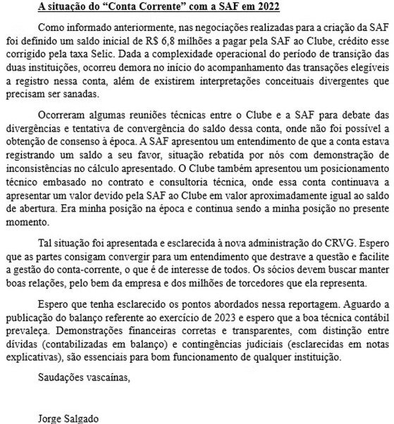 Carta de Jorge Salgado aos vascaínos sobre o balanço de 2023