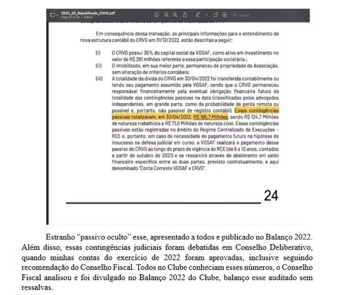 Carta de Jorge Salgado aos vascaínos sobre o balanço de 2023