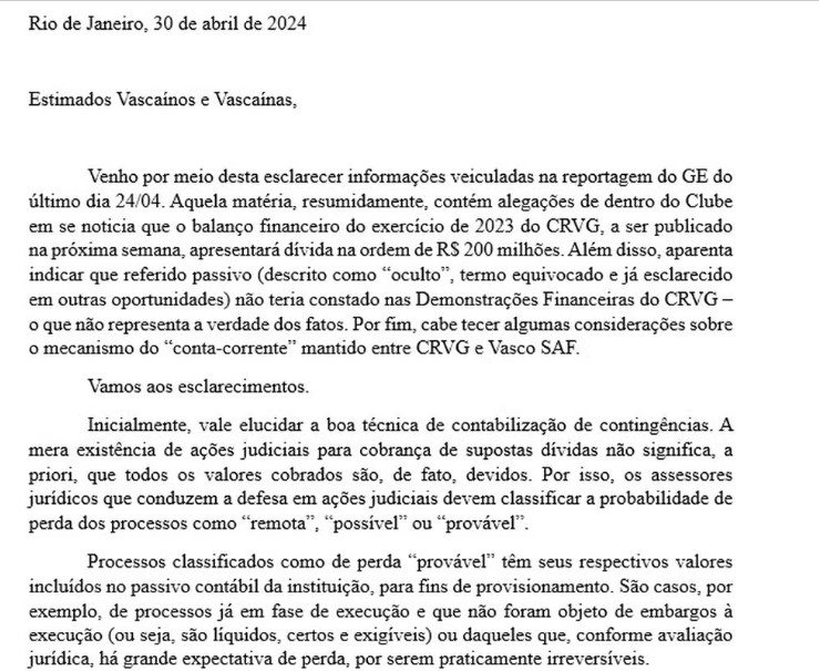 Carta de Jorge Salgado aos vascaínos sobre o balanço de 2023