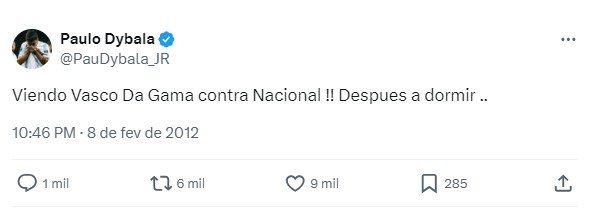 Paulo Dybala postou que estava assistindo jogo do Vasco em 2012
