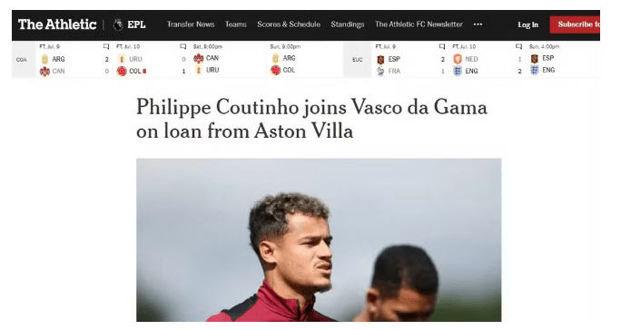 "Philippe Coutinho chega ao Vasco da Gama por empréstimo do Aston Villa", The Athletic 