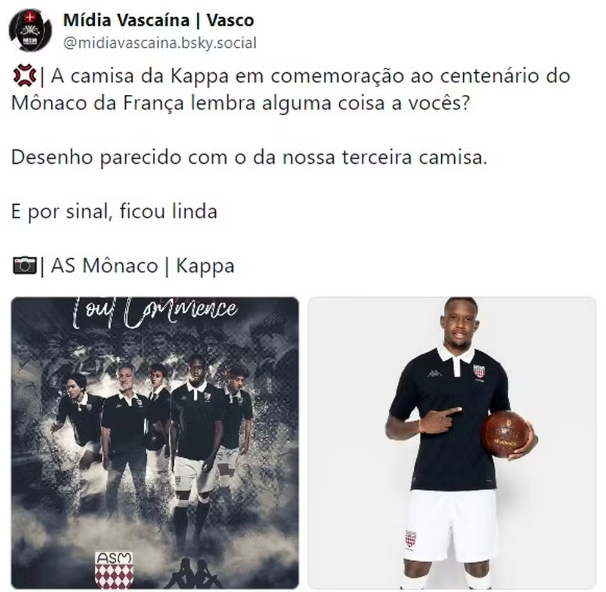 Perfis comentam similaridade entre camisa do Vasco e do Monaco