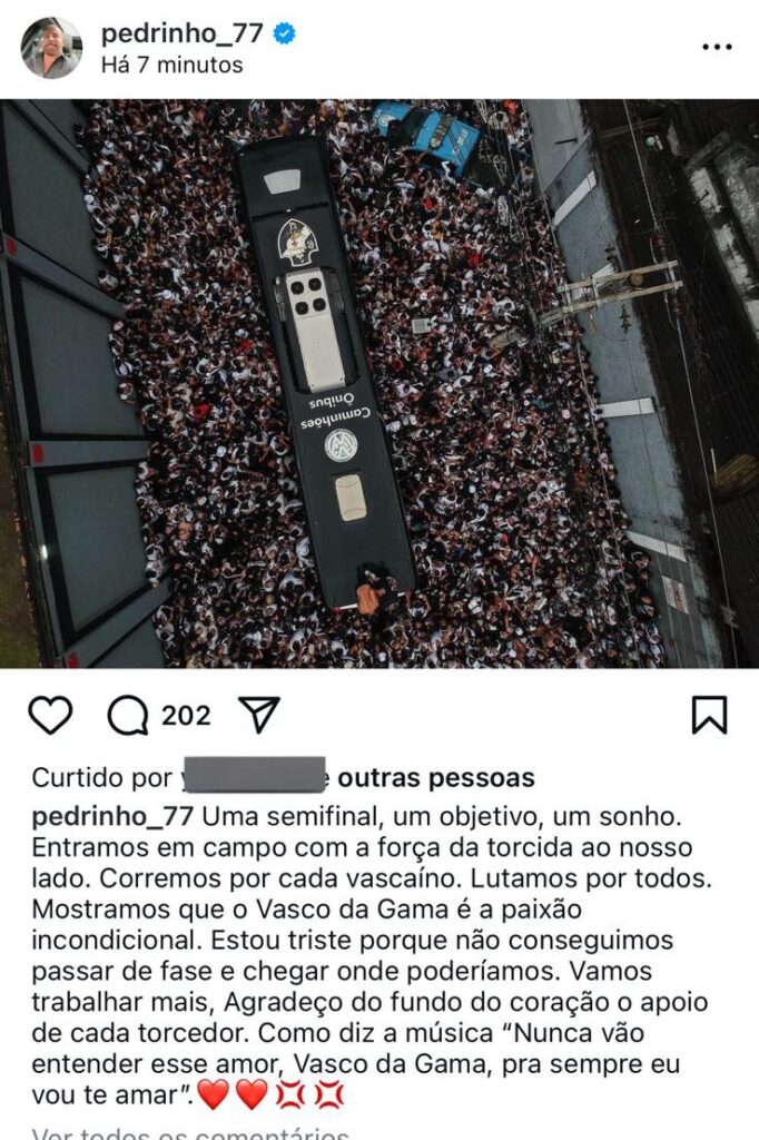 Postagem de Pedrinho no Instagram após eliminação do Vasco na Copa do Brasil 