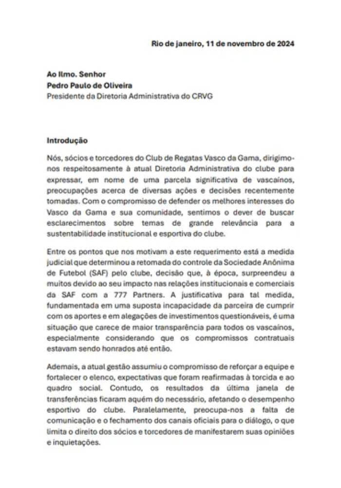 Sócios do Vasco enviam questionamentos a Pedrinho