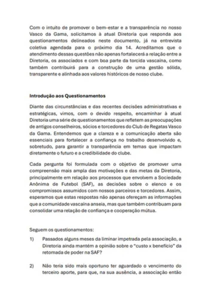 Sócios enviam questionamentos a Pedrinho