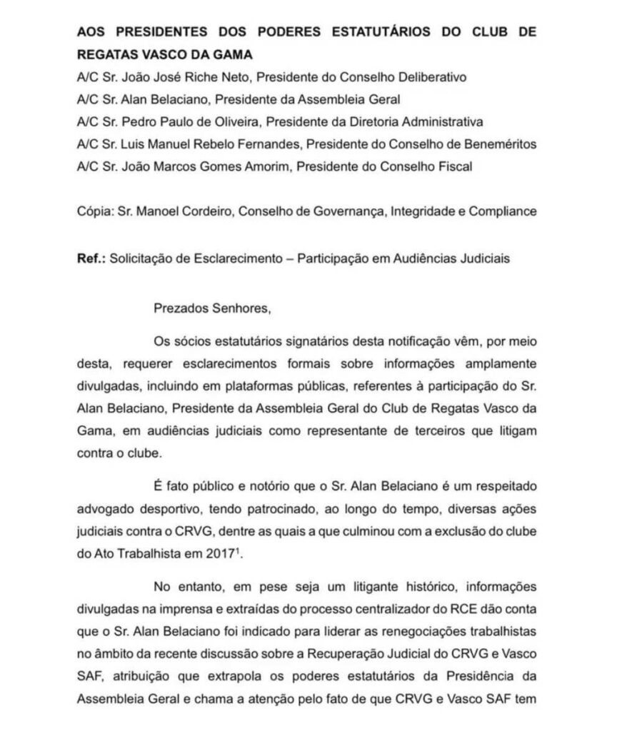 Documento assinado por sócios do Vasco 