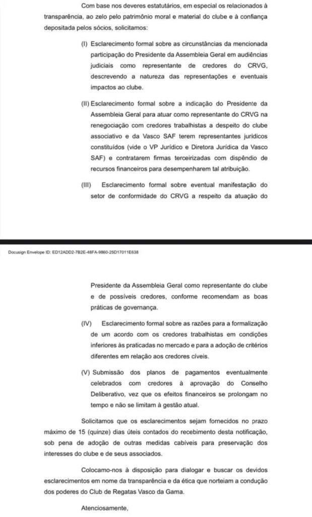 Documento assinado por sócios do Vasco da Gama