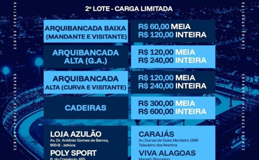 Valores do 2º lote dos ingressos para CSA x Vasco
